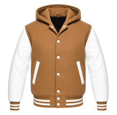 Tan Brown and White Varsity Jacket with Hood