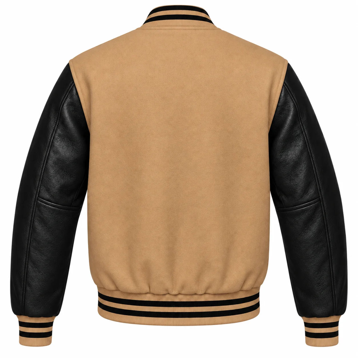 Tan Brown and Black Varsity Jacket with Wool Body and Leather Sleeves Back View