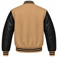 Tan Brown and Black Varsity Jacket with Wool Body and Leather Sleeves Back View