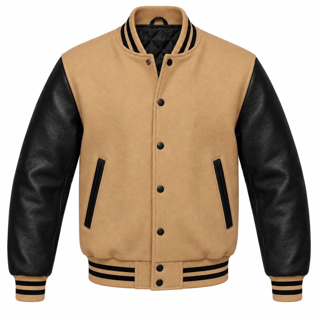 Tan Brown and Black Varsity Jacket with Wool Body and Leather Sleeves