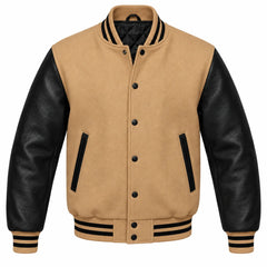Tan Brown and Black Varsity Jacket with Wool Body and Leather Sleeves