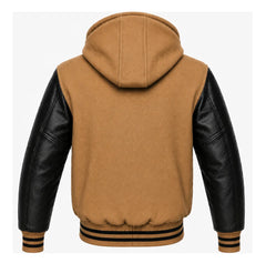 Tan and Black Hooded Letterman Jacket