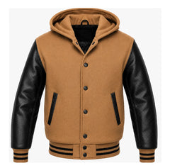 Tan and Black Hooded Letterman Jacket