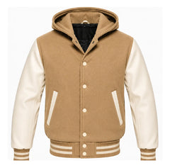 Tan and Cream Hooded Varsity Jacket