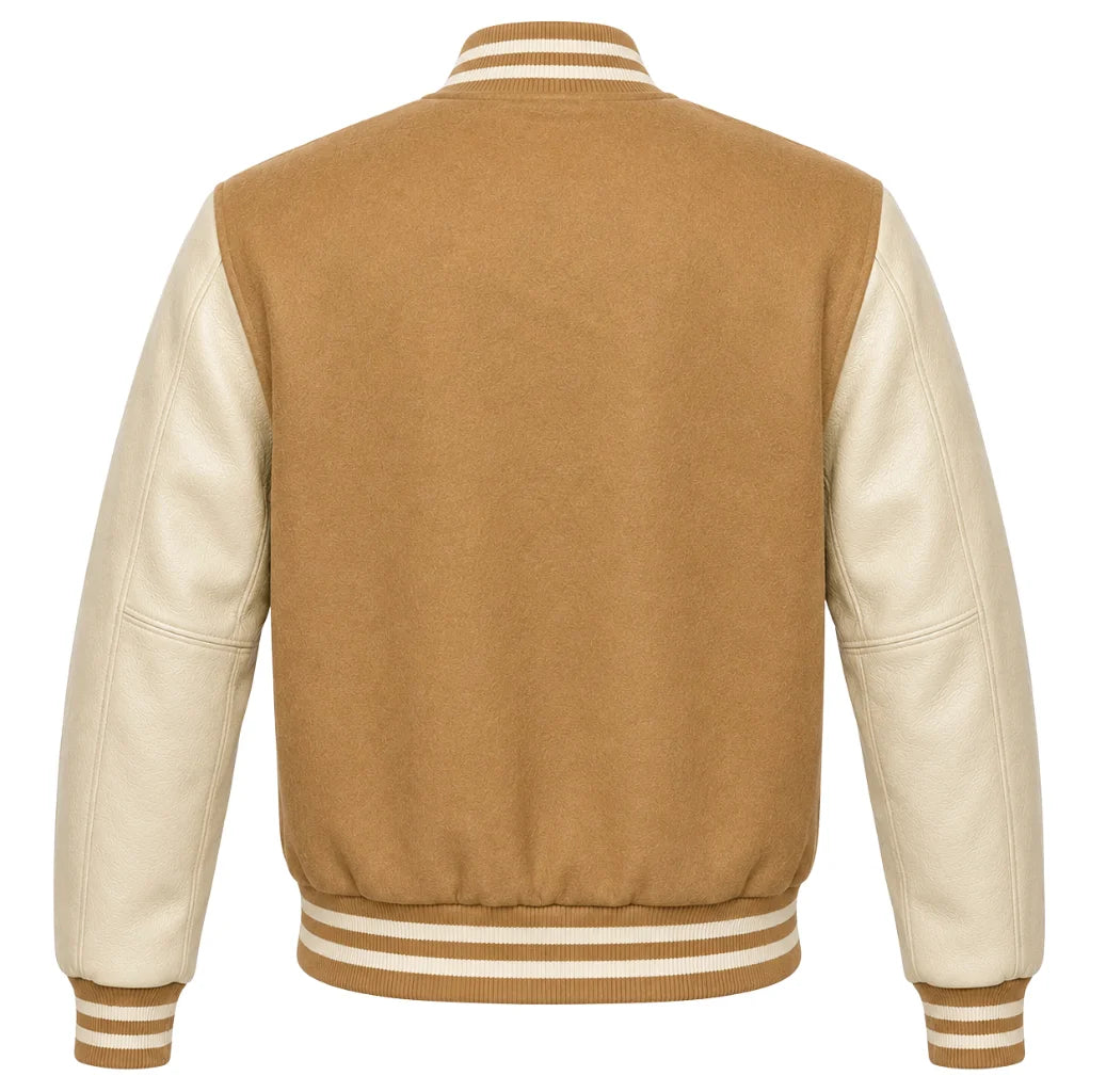 Tan wool letterman jacket with cream cowhide sleeves, back view