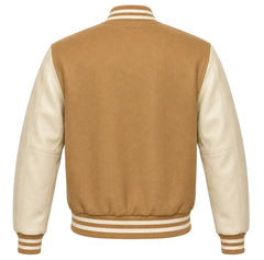 Tan wool letterman jacket with cream cowhide sleeves, back view