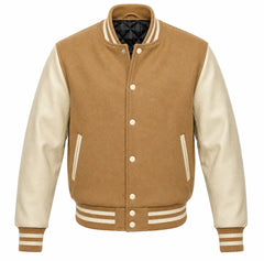 Tan melton wool letterman jacket with cream leather sleeves, front view