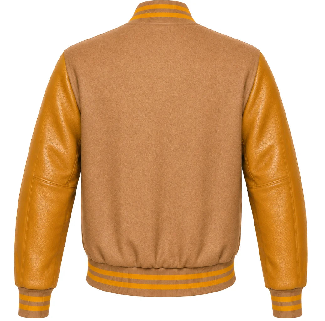 Tan wool varsity jacket with gold leather sleeves, back view