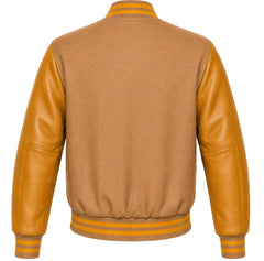 Tan wool varsity jacket with gold leather sleeves, back view