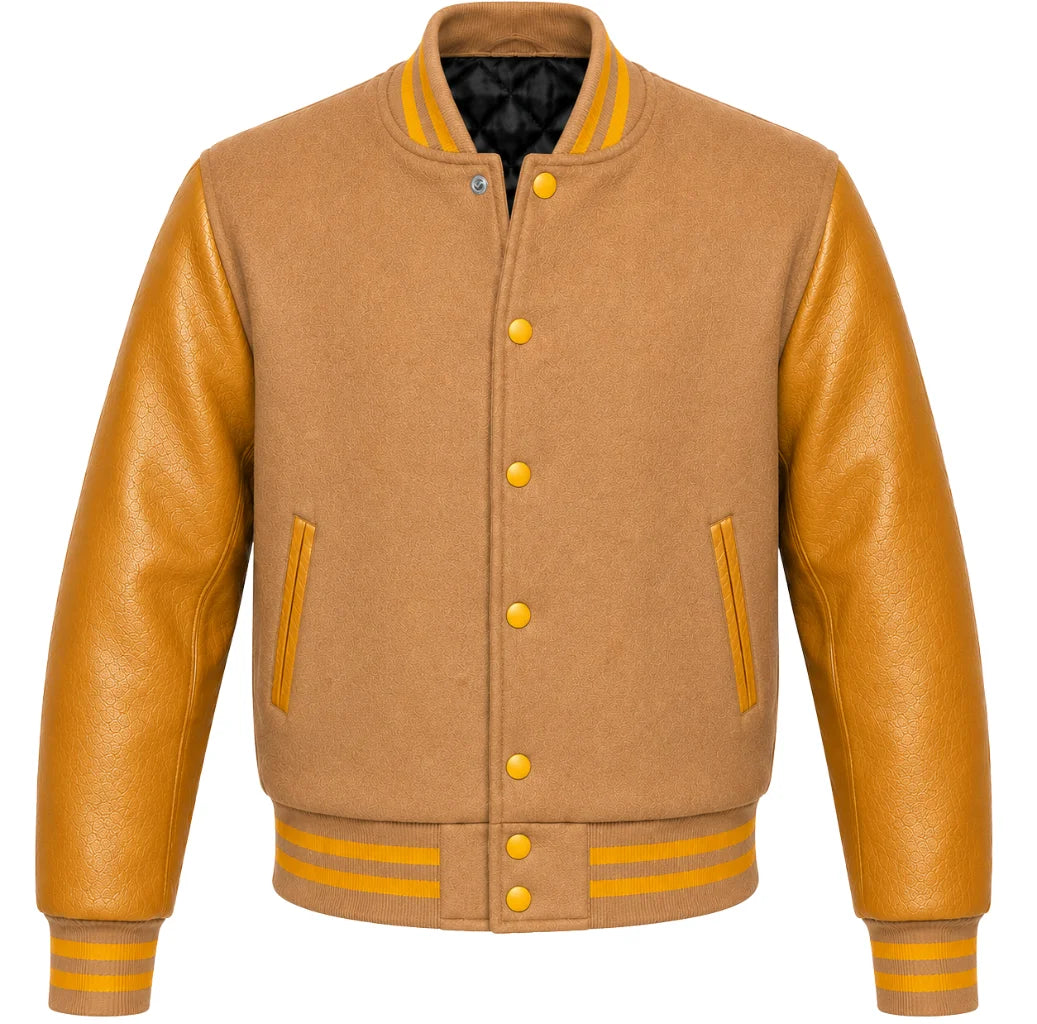 Light tan melton wool varsity jacket with gold leather sleeves, front view