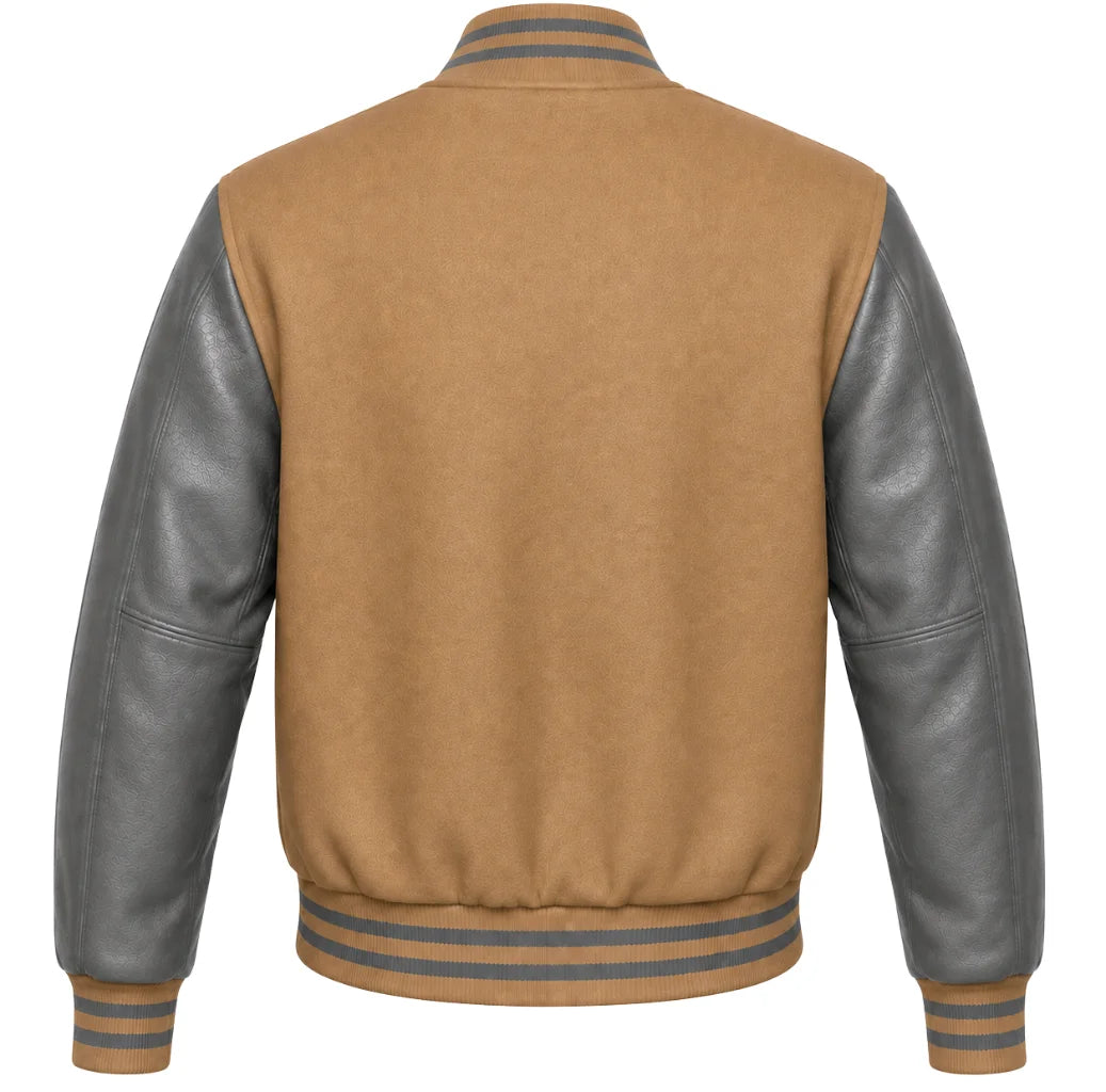 Tan wool varsity jacket with grey cowhide leather sleeves, back view