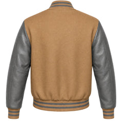 Tan wool varsity jacket with grey cowhide leather sleeves, back view