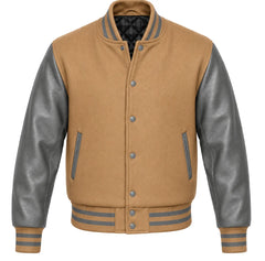 Tan melton wool varsity jacket with grey leather sleeves, front view