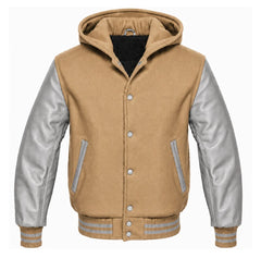 Tan and Grey Varsity Jacket with Hood