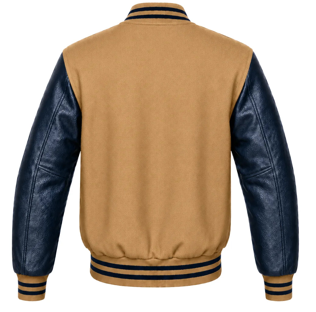 Tan wool varsity jacket with navy blue leather sleeves, back view