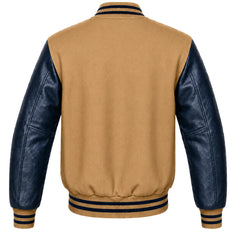 Tan wool varsity jacket with navy blue leather sleeves, back view