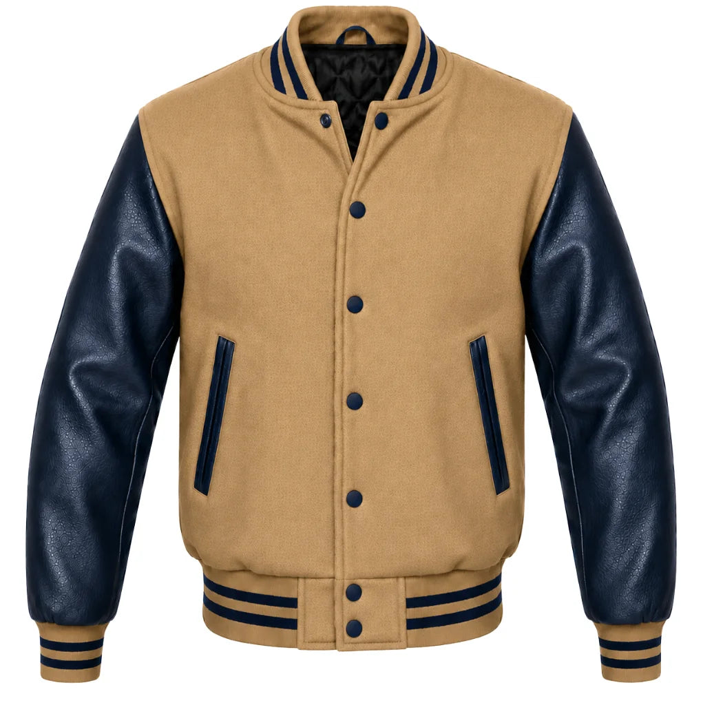 Tan melton wool varsity jacket with navy blue cowhide leather sleeves, front view