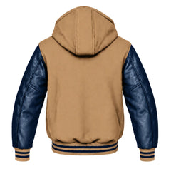 Tan and Navy Blue Varsity Jacket with Hood