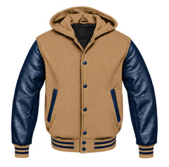 Tan and Navy Blue Varsity Jacket with Hood