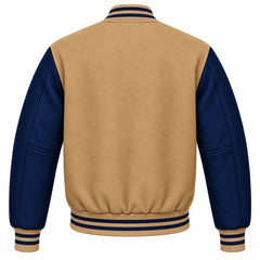 Tan and Navy Blue Wool Varsity Jacket