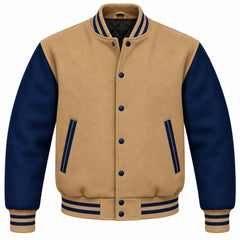 Tan and Navy Blue Wool Varsity Jacket