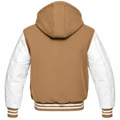 Tan and White Hooded Letterman Jacket