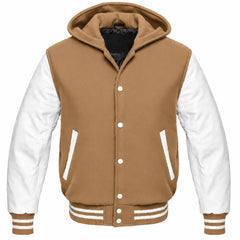 Tan and White Hooded Letterman Jacket