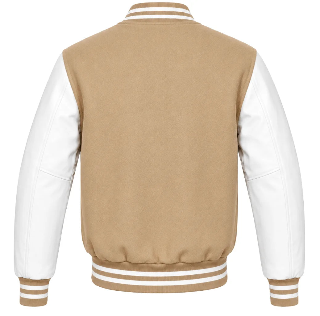 Tan wool varsity jacket with white cowhide sleeves, back view