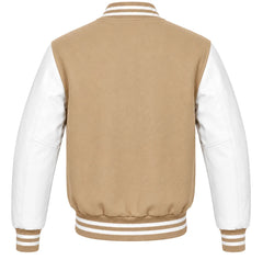 Tan wool varsity jacket with white cowhide sleeves, back view
