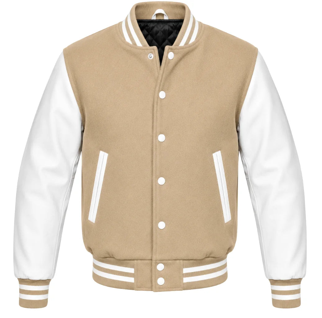 Tan melton wool varsity jacket with white leather sleeves, front view