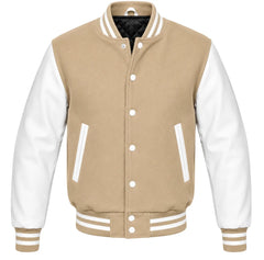 Tan melton wool varsity jacket with white leather sleeves, front view