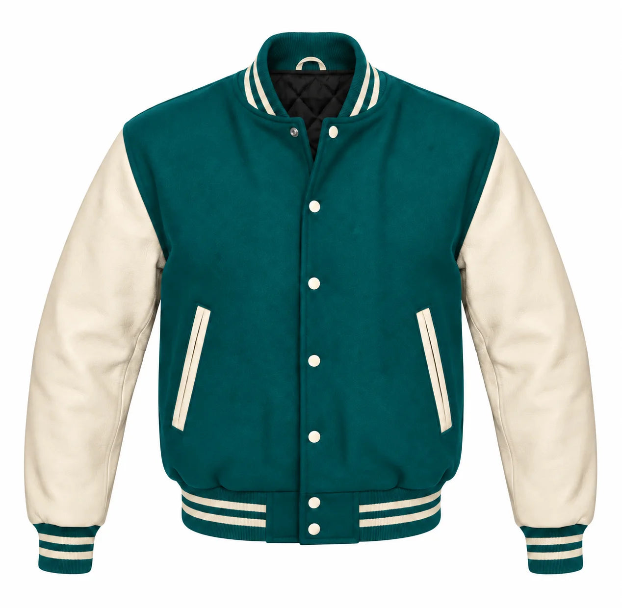 Teal and Cream Varsity Jacket with Wool Body and Leather Sleeves