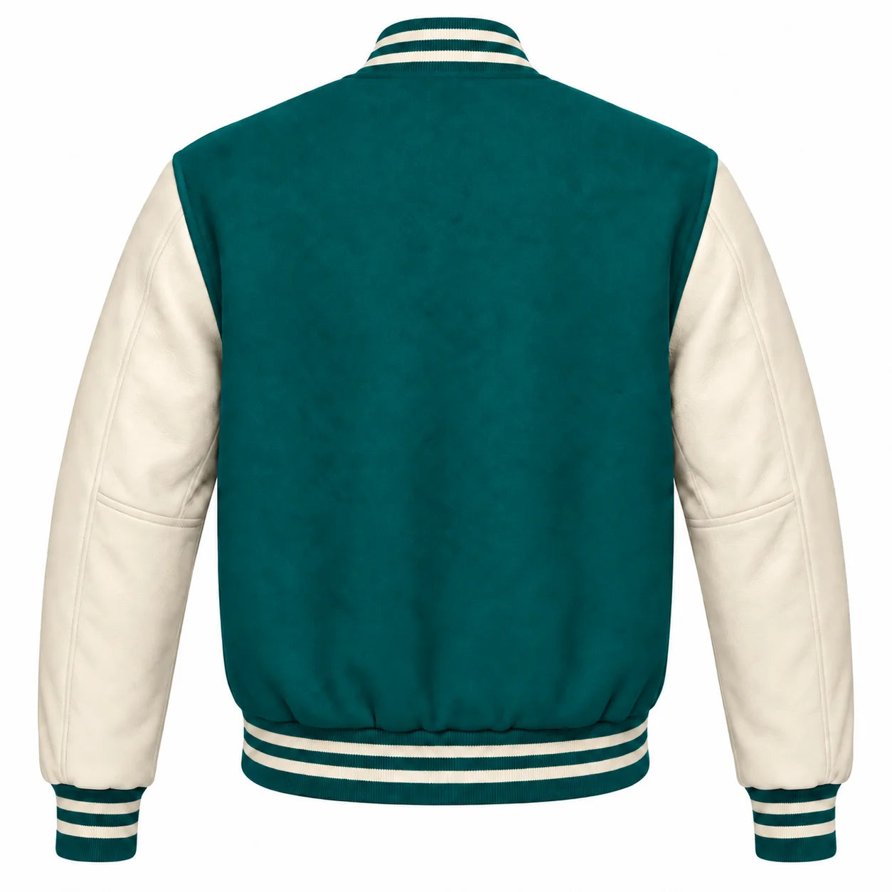 Teal and Cream Varsity Jacket with Wool Body and Leather Sleeves Back View