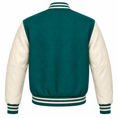 Teal and Cream Varsity Jacket with Wool Body and Leather Sleeves Back View
