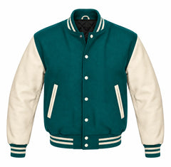Teal and Cream Varsity Jacket with Wool Body and Leather Sleeves