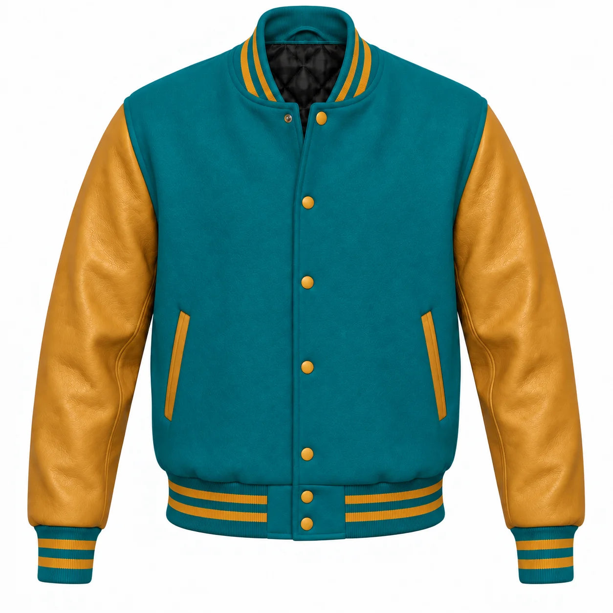 Teal and Gold Letterman Jacket with Wool Body and Leather Sleeves