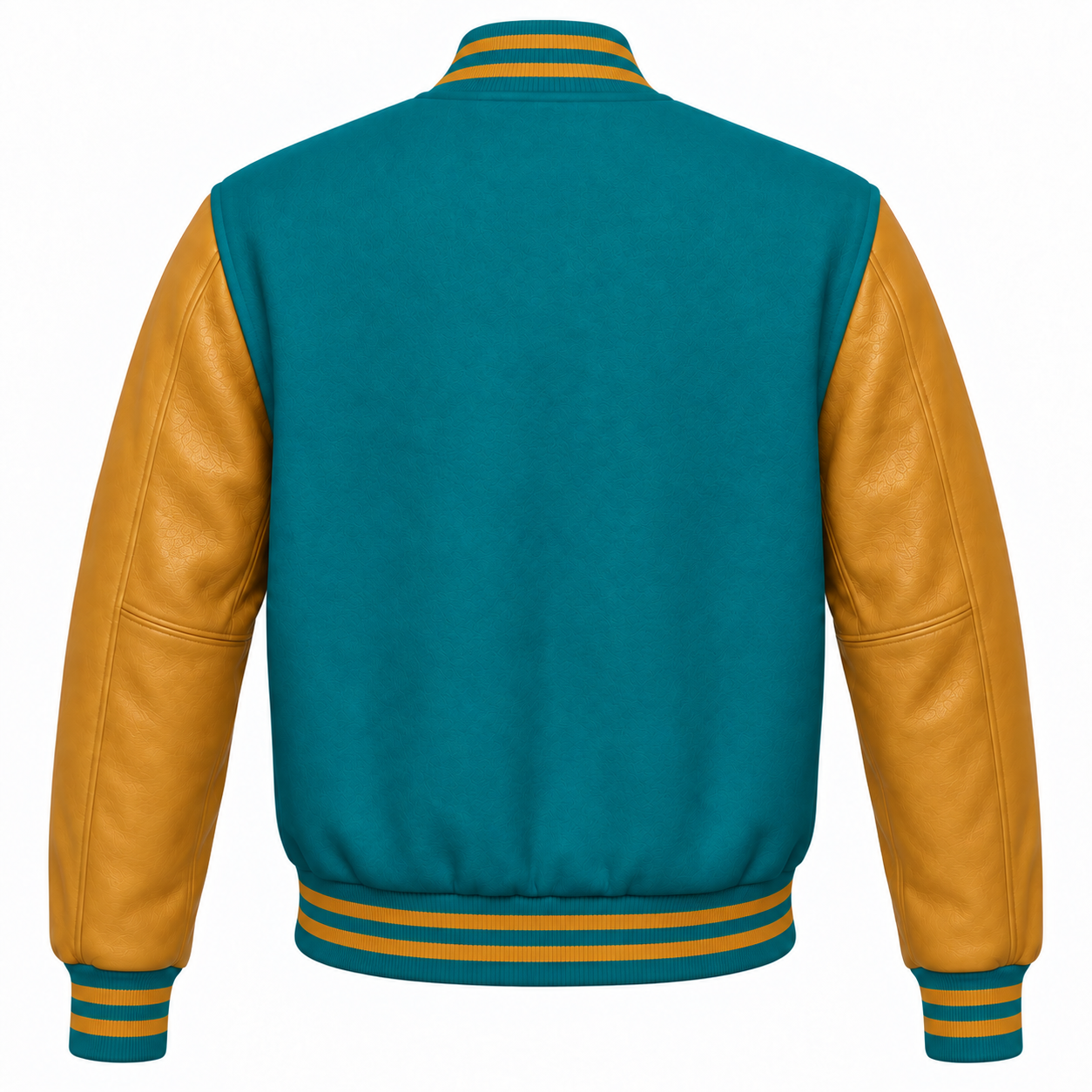 Teal and Gold Letterman Jacket with Wool Body and Leather Sleeves Back View