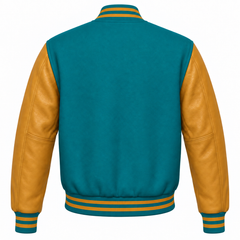 Teal and Gold Letterman Jacket with Wool Body and Leather Sleeves Back View