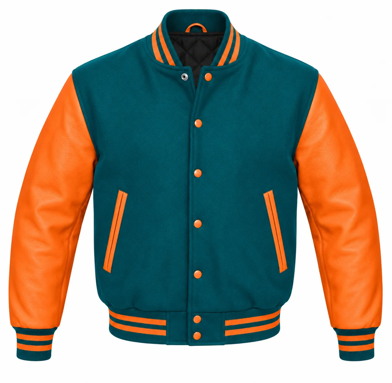 Teal and Orange Varsity Jacket with Wool Body and Leather Sleeves