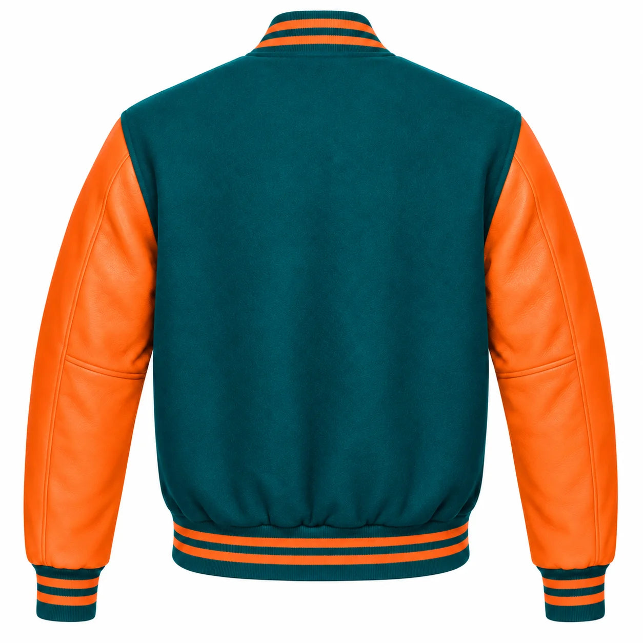 Teal and Orange Varsity Jacket with Wool Body and Leather Sleeves Back View