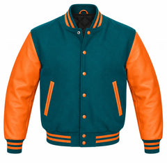 Teal and Orange Varsity Jacket with Wool Body and Leather Sleeves