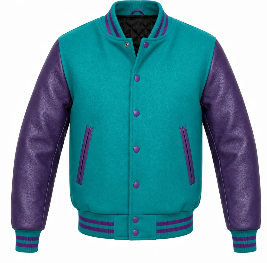 Teal melton wool varsity jacket with purple leather sleeves, front view