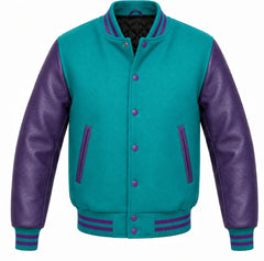 Teal melton wool varsity jacket with purple leather sleeves, front view