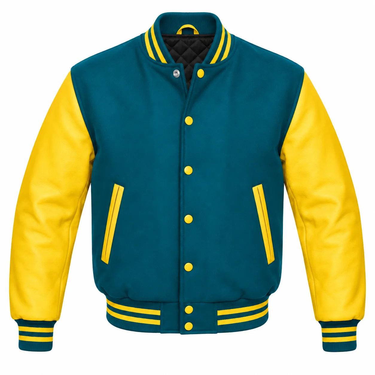 Teal and Yellow Varsity Jacket with Wool Body and Leather Sleeves