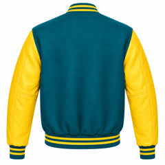 Teal and Yellow Varsity Jacket with Wool Body and Leather Sleeves Back View