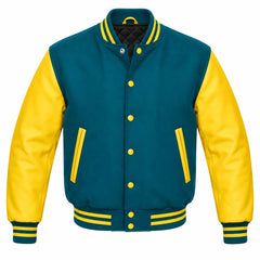 Teal and Yellow Varsity Jacket with Wool Body and Leather Sleeves