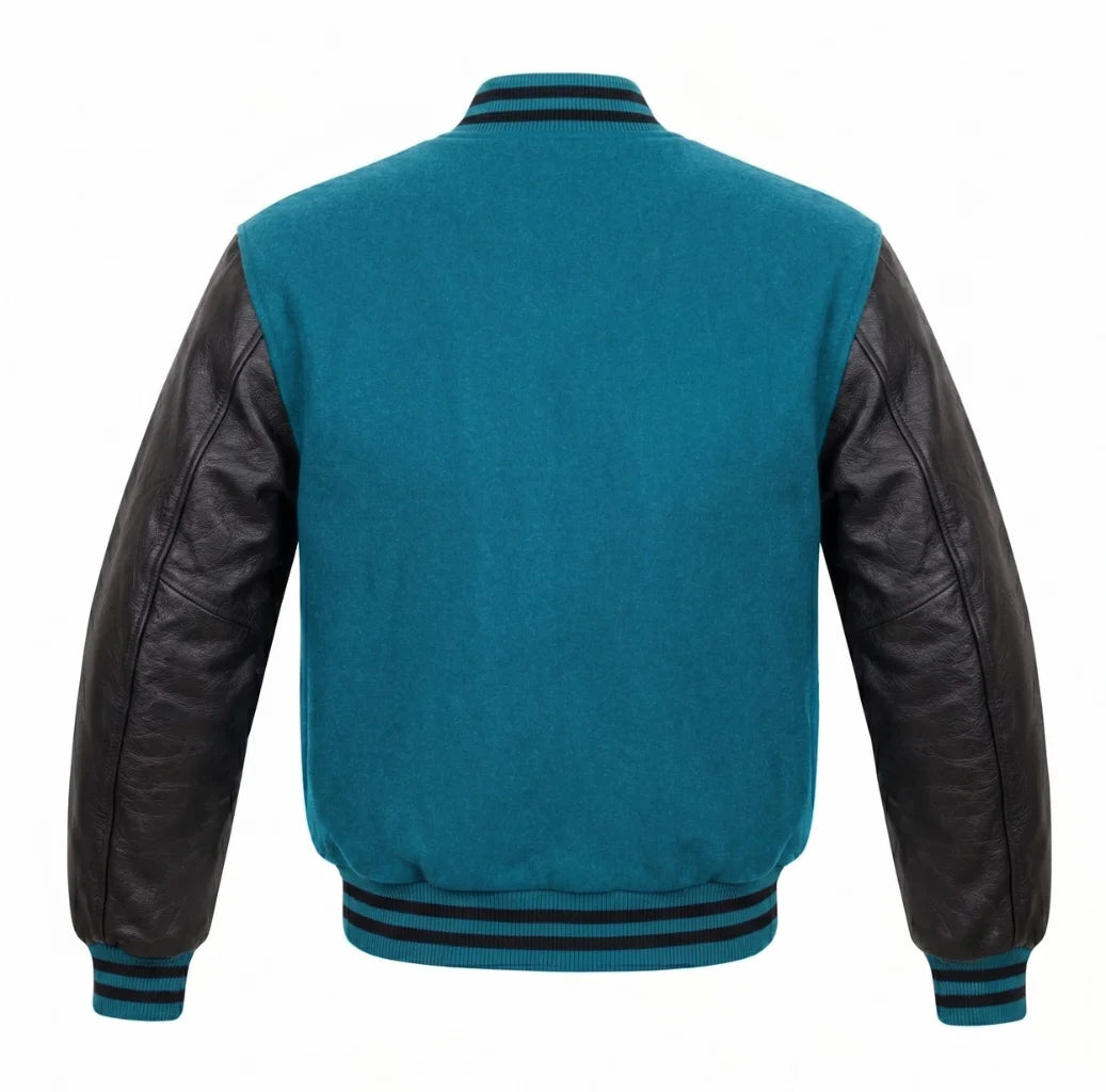 Teal and Black Varsity Jacket with Wool Body and Leather Sleeves Back View