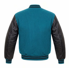 Teal and Black Varsity Jacket with Wool Body and Leather Sleeves Back View