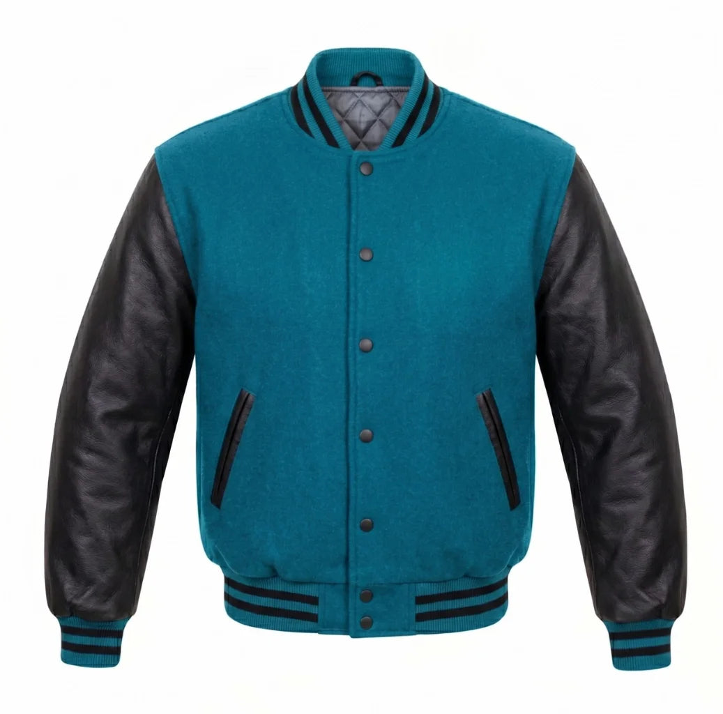 Teal and Black Varsity Jacket with Wool Body and Leather Sleeves