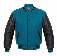 Teal and Black Varsity Jacket with Wool Body and Leather Sleeves